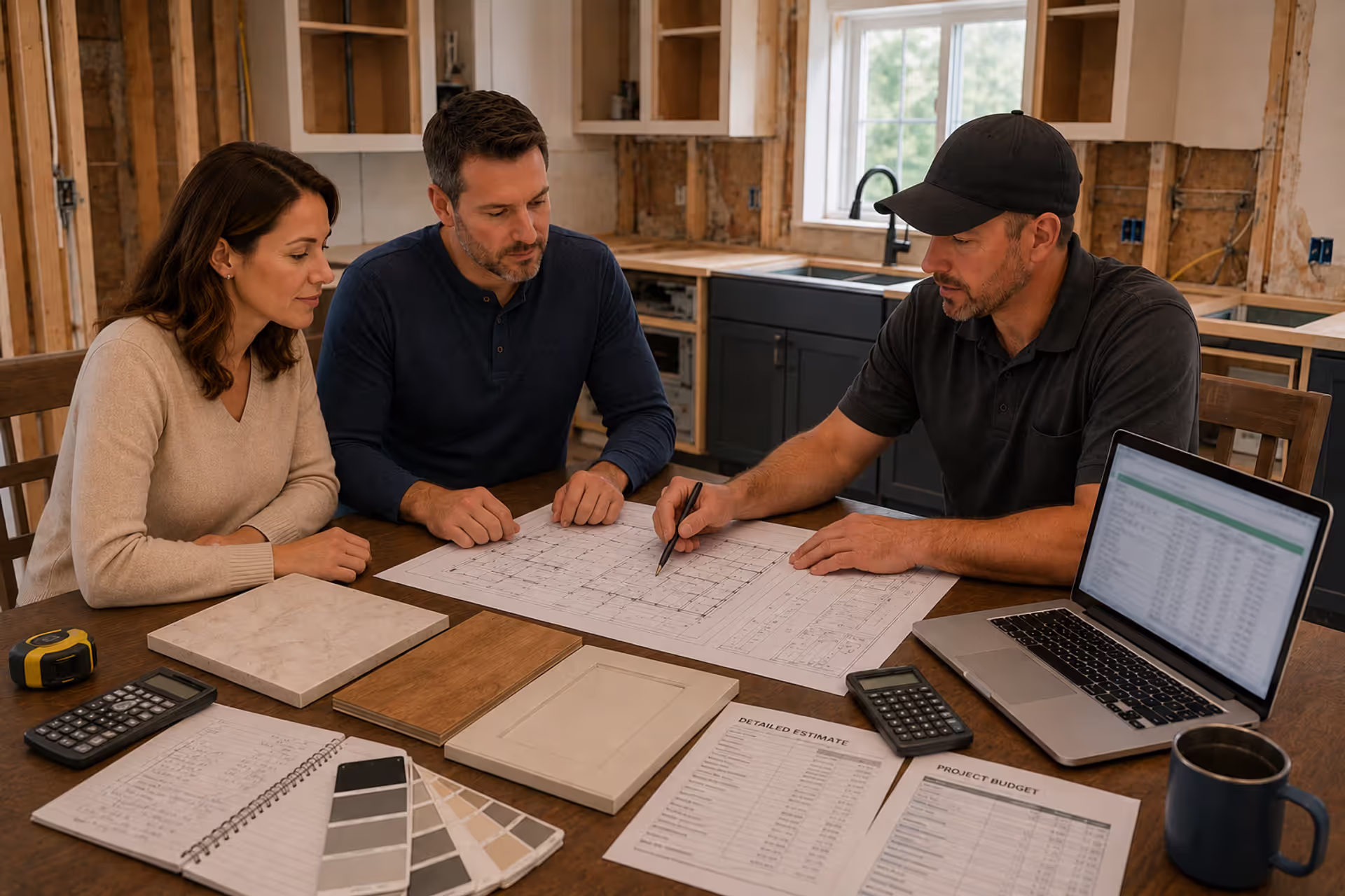 Homeowners estimating remodeling costs with a contractor