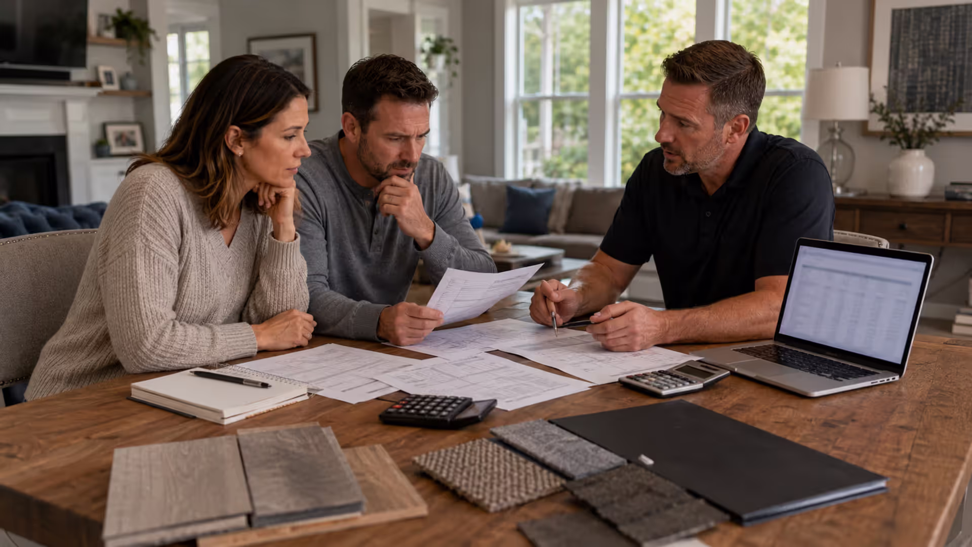 Homeowners comparing multiple renovation estimates and contractor bids at a table